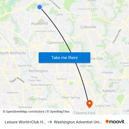 Leisure World+Club House to Washington Adventist University map