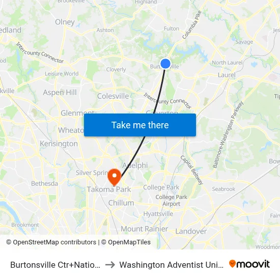 Burtonsville Ctr+National Dr to Washington Adventist University map