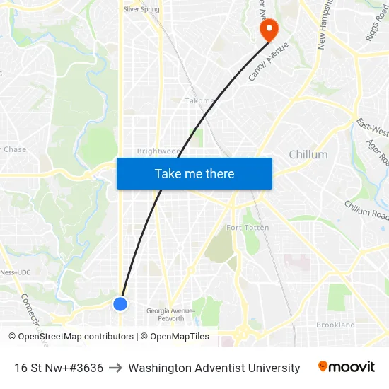16 St Nw+#3636 to Washington Adventist University map