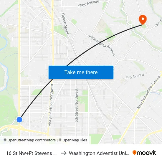 16 St Nw+Ft Stevens Dr NW to Washington Adventist University map