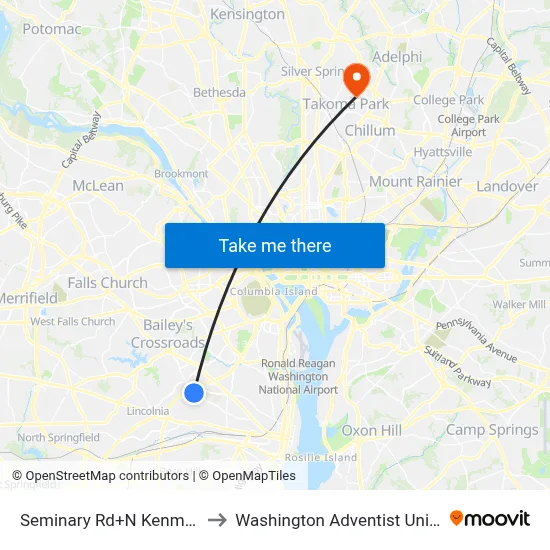 Seminary Rd+N Kenmore Av to Washington Adventist University map