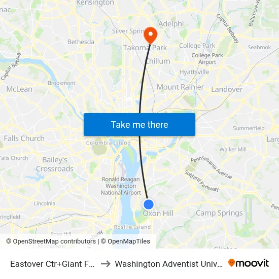 Eastover Ctr+Giant Foods to Washington Adventist University map