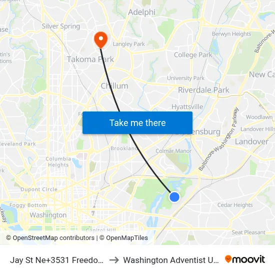 Jay St Ne+3531 Freedom Ct NE to Washington Adventist University map