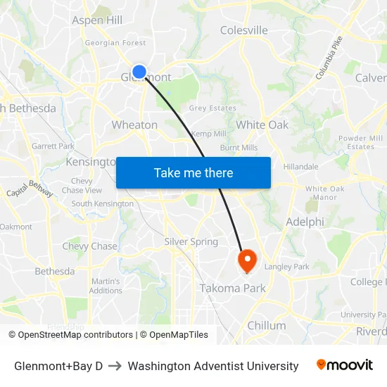 Glenmont+Bay D to Washington Adventist University map