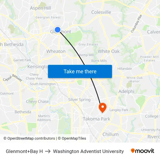 Glenmont+Bay H to Washington Adventist University map