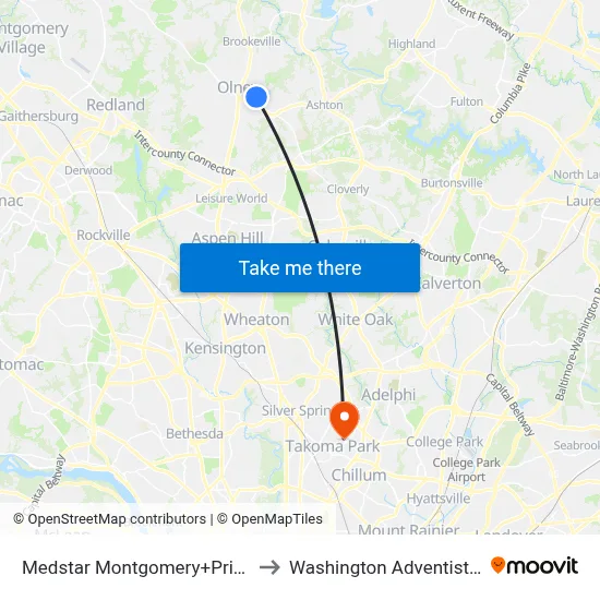 Medstar Montgomery+Prince Philip Dr to Washington Adventist University map