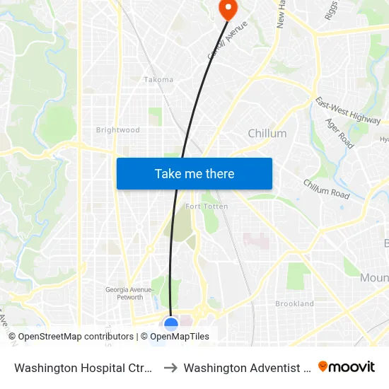 Washington Hospital Ctr+Outpatient to Washington Adventist University map