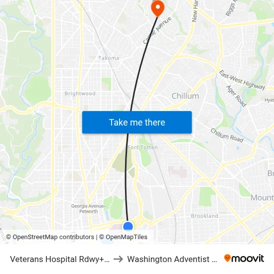 Veterans Hospital Rdwy+Main Entr to Washington Adventist University map