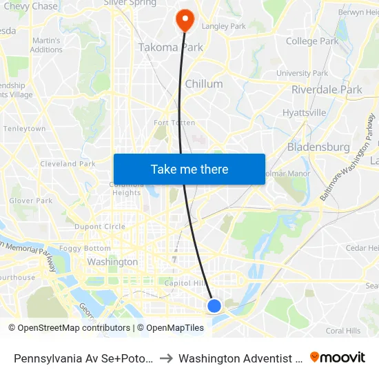 Pennsylvania Av Se+Potomac Av SE to Washington Adventist University map