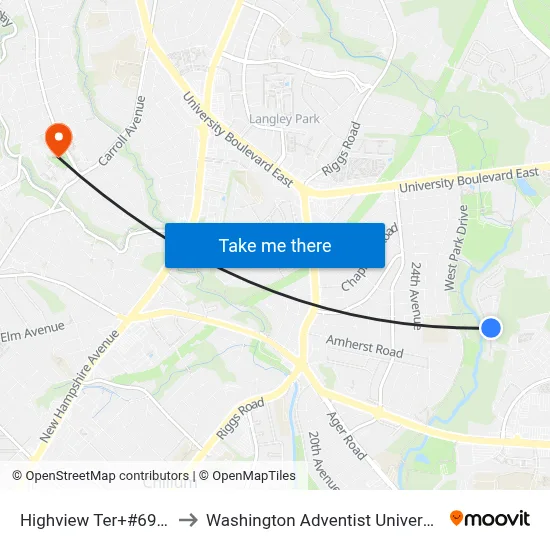 Highview Ter+#6900 to Washington Adventist University map