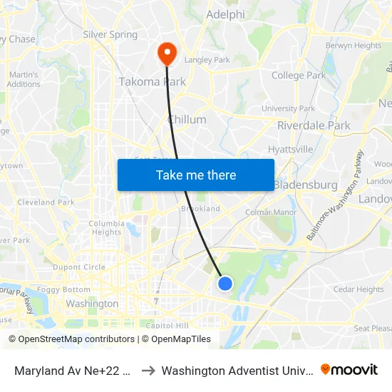 Maryland Av Ne+22 St NE to Washington Adventist University map