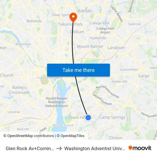 Glen Rock Av+Corning Av to Washington Adventist University map