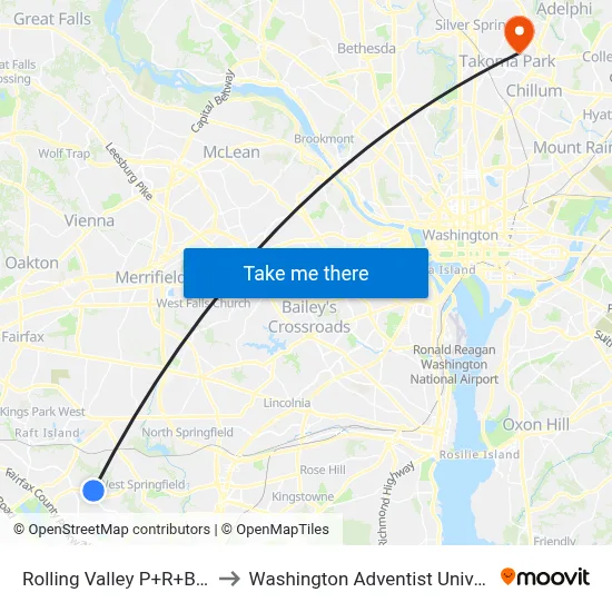 Rolling Valley P+R+Bay B to Washington Adventist University map