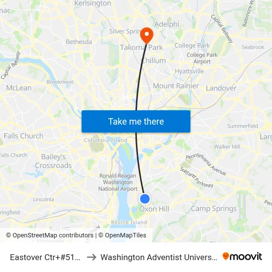 Eastover Ctr+#5101 to Washington Adventist University map