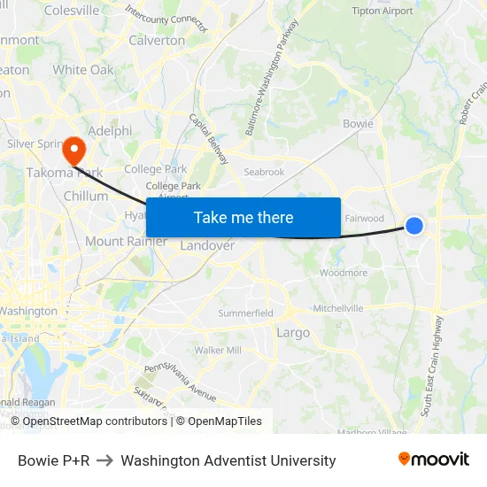 Bowie P+R to Washington Adventist University map