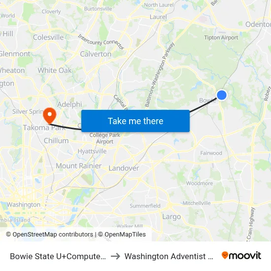 Bowie State U+Computer Science to Washington Adventist University map