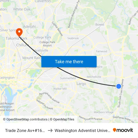 Trade Zone Av+#16001 to Washington Adventist University map