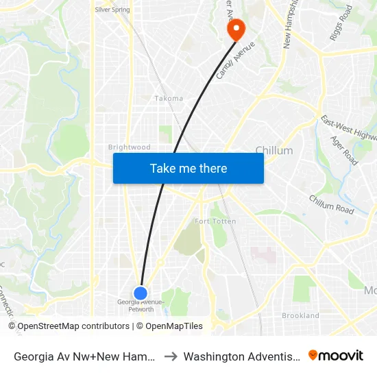 Georgia Av Nw+New Hampshire Av NW to Washington Adventist University map