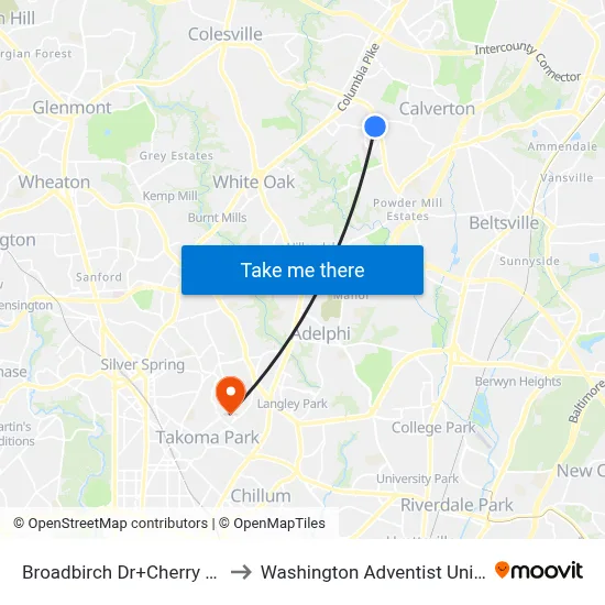 Broadbirch Dr+Cherry Hill Rd to Washington Adventist University map