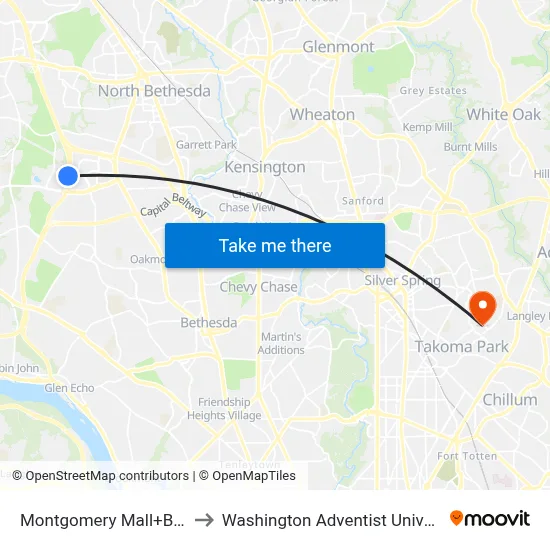 Montgomery Mall+Bay F to Washington Adventist University map