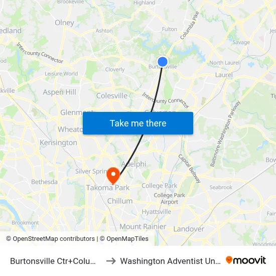 Burtonsville Ctr+Columbia Pk to Washington Adventist University map