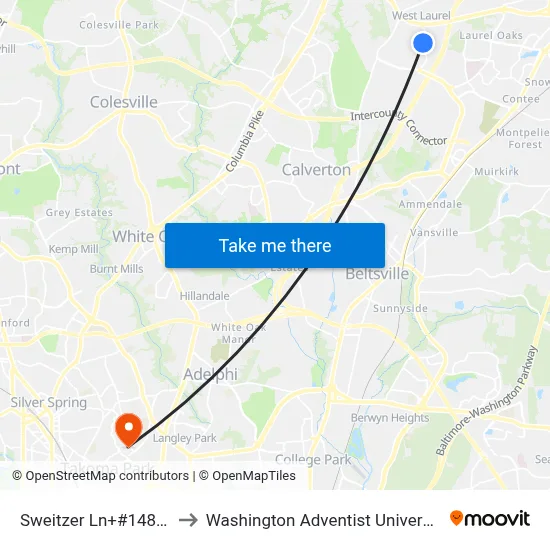 Sweitzer Ln+#14880 to Washington Adventist University map