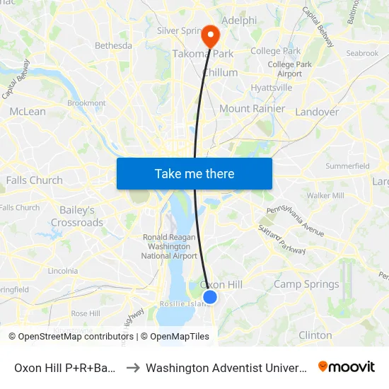 Oxon Hill P+R+Bay A to Washington Adventist University map