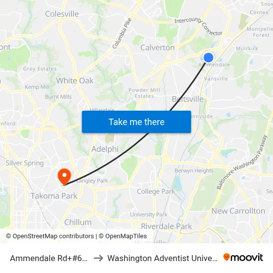 Ammendale Rd+#6000 to Washington Adventist University map