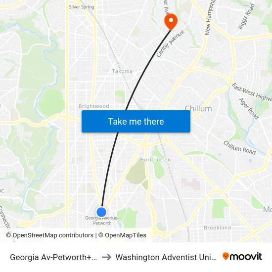Georgia Av-Petworth+Bay B to Washington Adventist University map