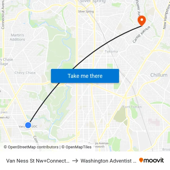 Van Ness St Nw+Connecticut Av NW to Washington Adventist University map