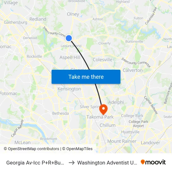 Georgia Av-Icc P+R+Bus Shelter to Washington Adventist University map