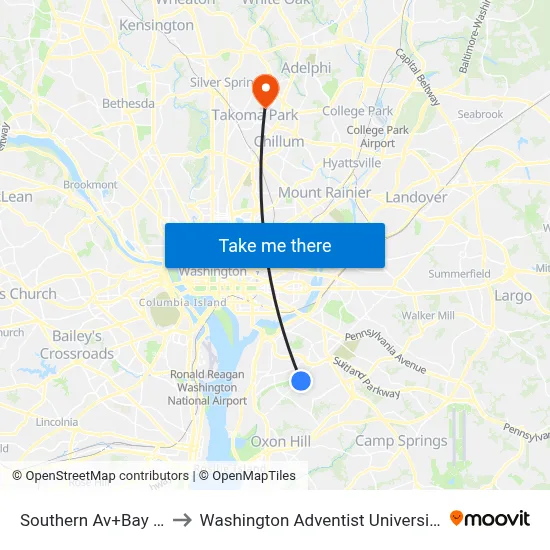 Southern Av+Bay N to Washington Adventist University map