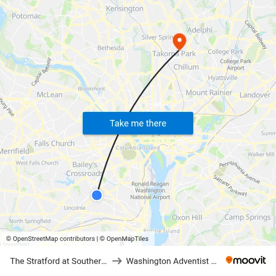 The Stratford at Southern Towers to Washington Adventist University map