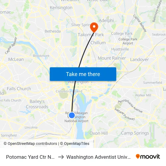 Potomac Yard Ctr North to Washington Adventist University map