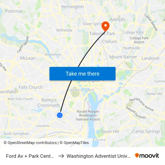 Ford Av + Park Center Dr to Washington Adventist University map