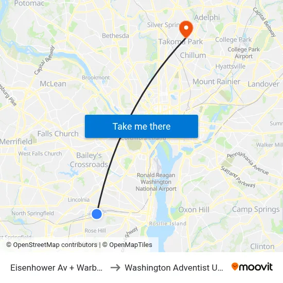 Eisenhower Av + Warburton St to Washington Adventist University map