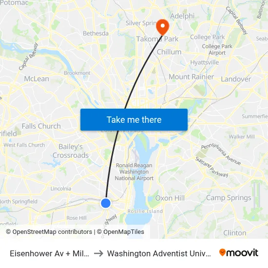 Eisenhower Av + Mill Rd to Washington Adventist University map