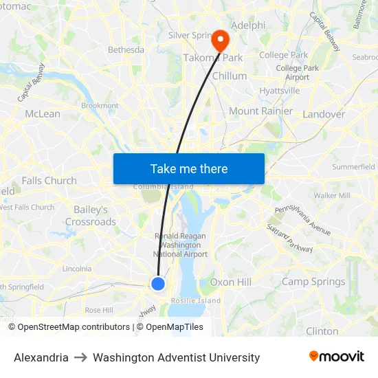 Alexandria to Washington Adventist University map