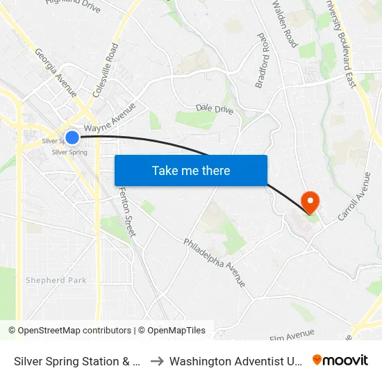 Silver Spring Station & Bay 112 to Washington Adventist University map