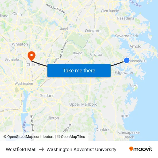 Westfield Mall to Washington Adventist University map
