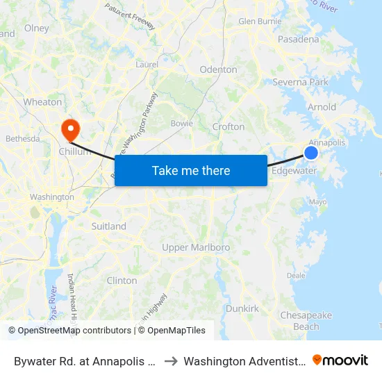 Bywater Rd. at Annapolis Marketplace to Washington Adventist University map