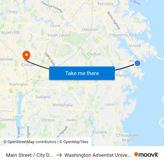 Main Street  / City Dock to Washington Adventist University map