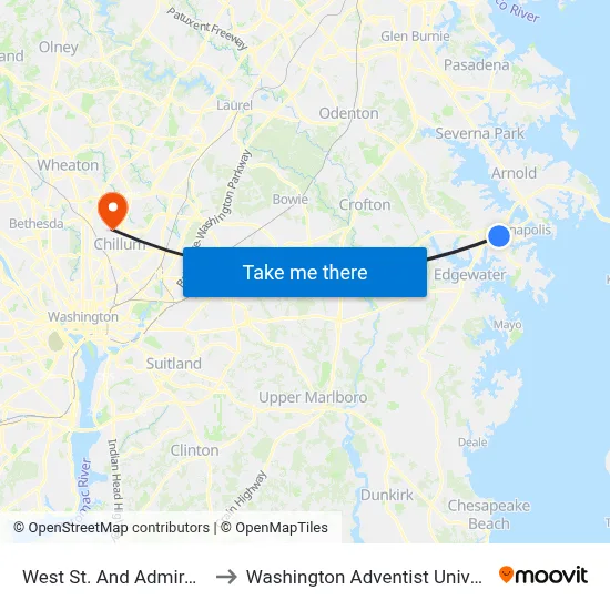 West St. And Admiral Dr. to Washington Adventist University map