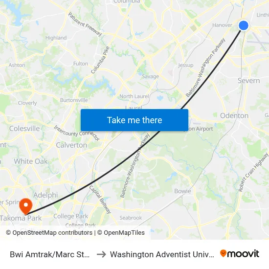 Bwi Amtrak/Marc Station to Washington Adventist University map