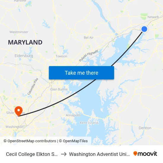 Cecil College Elkton Station to Washington Adventist University map