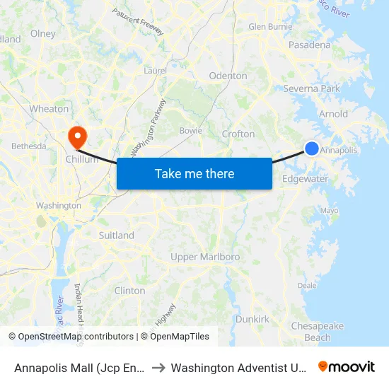 Annapolis Mall (Jcp Entrance) to Washington Adventist University map
