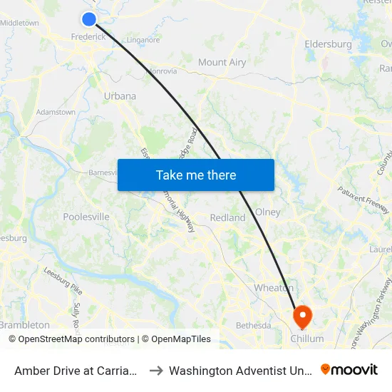 Amber Drive at Carriage Way to Washington Adventist University map