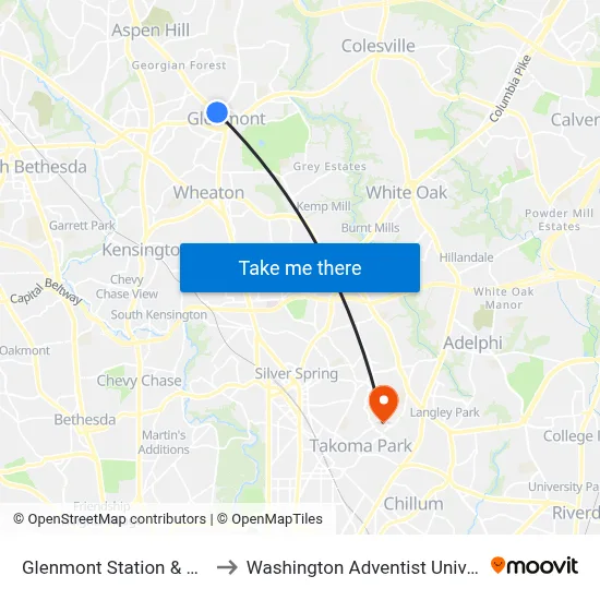 Glenmont Station & Bay F to Washington Adventist University map