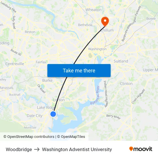Woodbridge to Washington Adventist University map