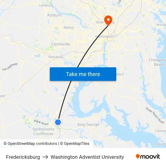 Fredericksburg to Washington Adventist University map